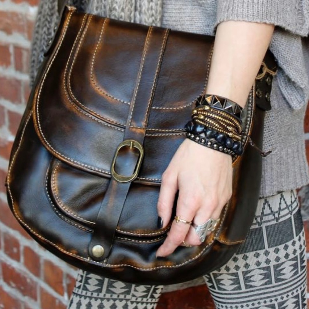 Patricia Nash Brown Distressed Italian Leather Barcelona Saddlebag Crossbody